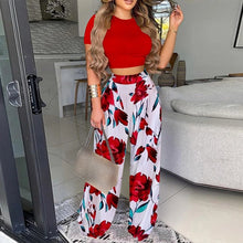 Load image into Gallery viewer, Summer Women Two Piece Sets Elegant Print Office Lady Outfits Elegant O Neck Short Sleeve Shirt Pullover + Wide Leg Pants Suits
