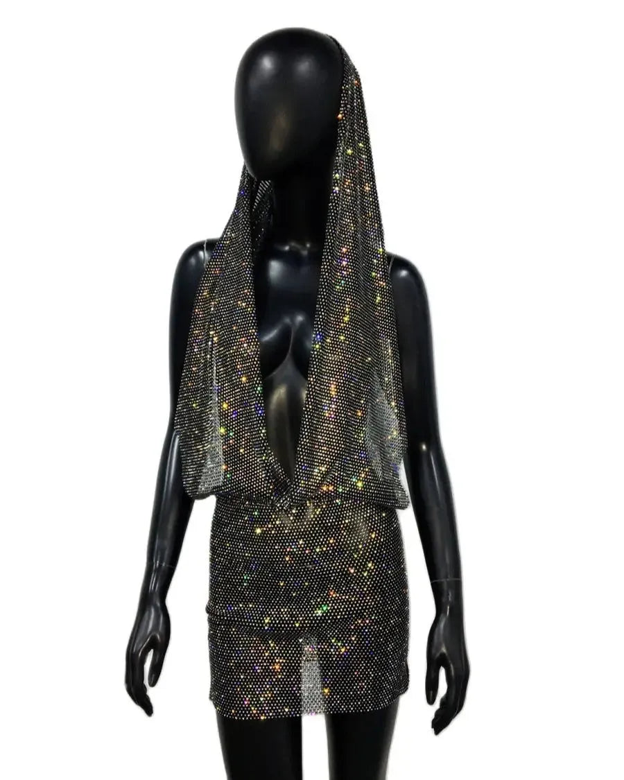 Y2K Streetwear See Through Mesh Women Dress Shiny Rhinestone Bandana Head Wraps Dress - Shop & Buy