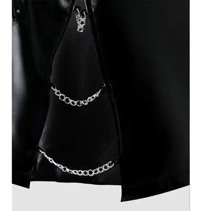 Women Black Matte Leather Mini Skirts Ladies Stretch PU Skirts with Chain Sexy Slim Wrap Hip Skirts Party Clubwear