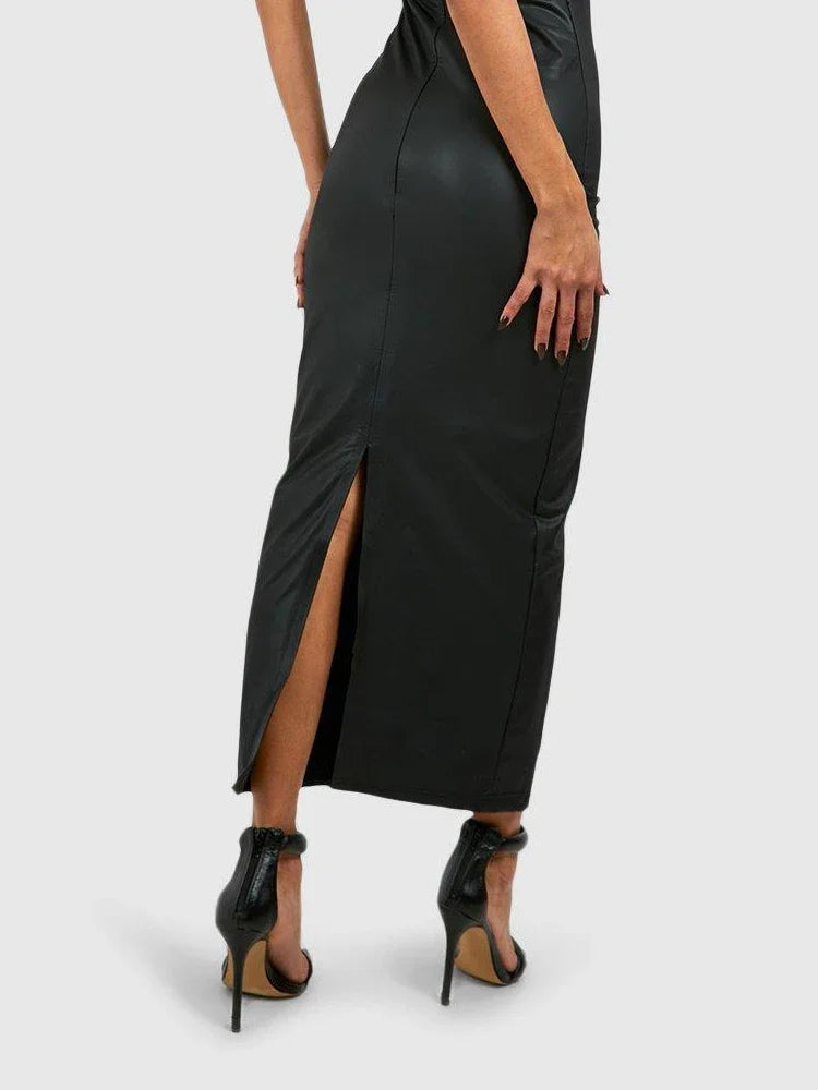 Elegant Black Matte Leather Dress Women Stretch PU Maxi Dress Back Hem Split Strapless Slim Long Dress Clubwear