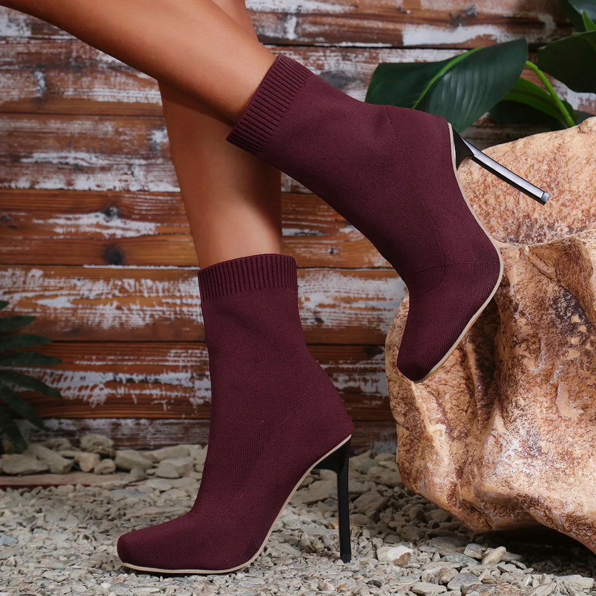 Women's Sexy Stiletto Heel Sock Boots Solid Color Square Toe Stretch Slip On Booties - Shop & Buy