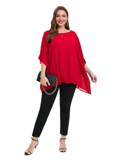 Womens Plus Size Elegant Summer Blouse Batwing Sleeve Oversized Chiffon Blouse Scoop Neck Large Size Casual Tunic Top Shirt 6XL - Shop & Buy