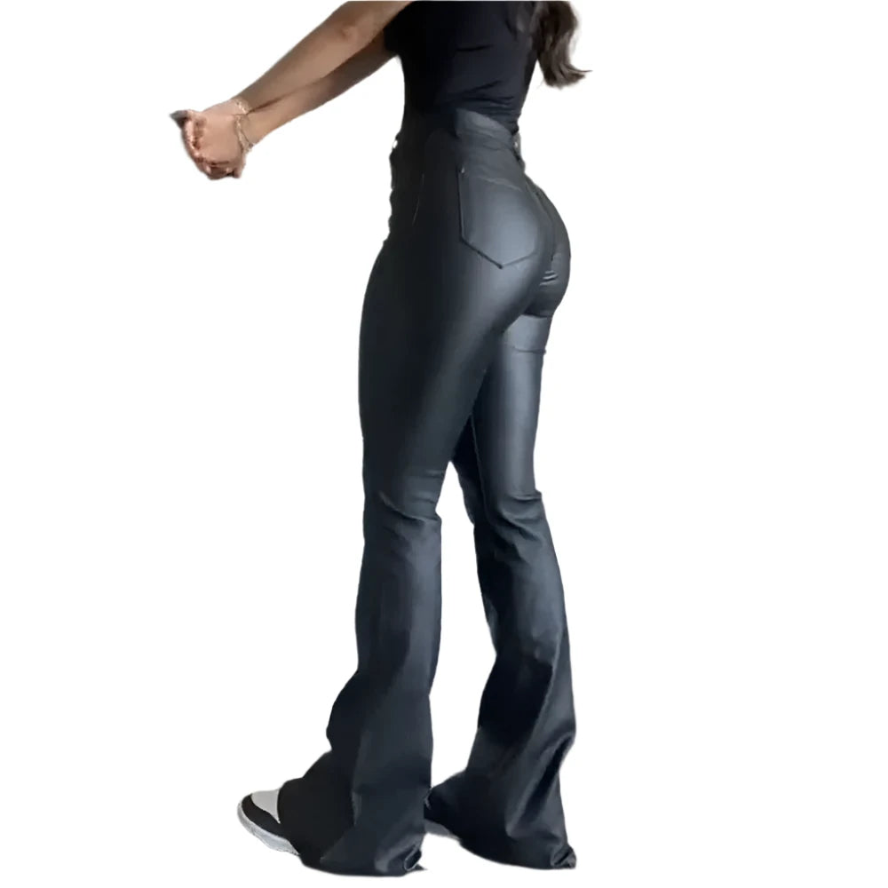 Fashion Black PU Leather Pants Women Mid Waist Skinny Push Up Leggings High Elasticity Pants Flared Trousers