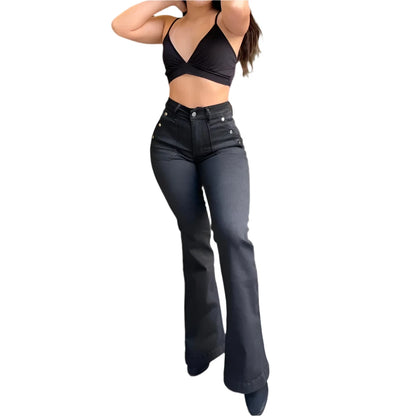 Women Flared Jeans Denim Pants Bottom Straight Mid Waist Stretch Fashion Female Flare Trousers