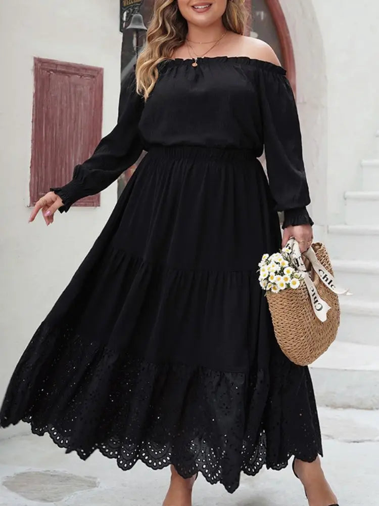 Plus Size Off Shoulder Women Dress Elastic Waist Waist Solid Color Ruffle Tiered Sundress Long Sleeves Hollow Female Dresses