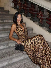 Load image into Gallery viewer, Women Elegant Leopard Print Lace-up Halter Dress Sexy Backless Deep V-neck Slim Long Dresses
