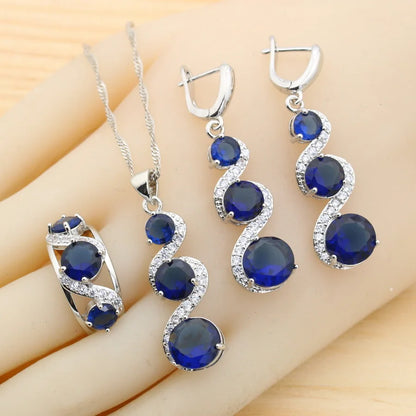 Classic Blue Zirconia 925 Silver Jewelry Sets for Women Earrings Necklace Pendant Ring Bracelet Wedding Gift