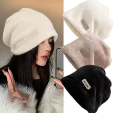 Load image into Gallery viewer, Female Fake Ful Beanie Caps Skullies Warm Hats Autumn and Winter Polyester 58-60cm Plush Metal Label Decoration Loose Stack Cap
