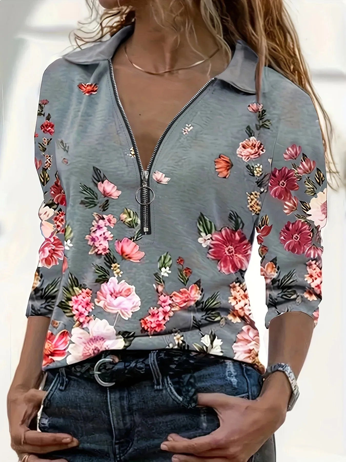 Women's Fashion Zipper Flower Print Long sleeved Top - Shop & Buy