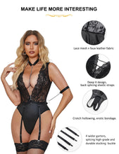 Load image into Gallery viewer, Lingerie Sexy Overall Lace Suspenders Black Jumpsuit Deep V-neck Faux Leather Bodysuit Garter Belt Bondage Mesh One Pieces
