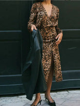 Load image into Gallery viewer, Fashion Leopard Print Long Sleeve Dress For Women V-neck Side Split Casual Loose Dresses
