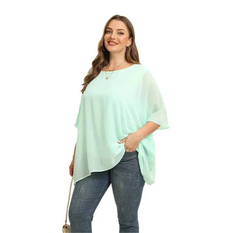 Womens Plus Size Elegant Summer Blouse Batwing Sleeve Oversized Chiffon Blouse Scoop Neck Large Size Casual Tunic Top Shirt 4XL - Shop & Buy