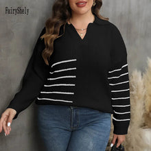 Load image into Gallery viewer, Patchwork Stripe Plus Size Sweater Women Polo Collar Large Pullover Lady Loose Oversize Jumper Big Jerseys Curvy Knitwear
