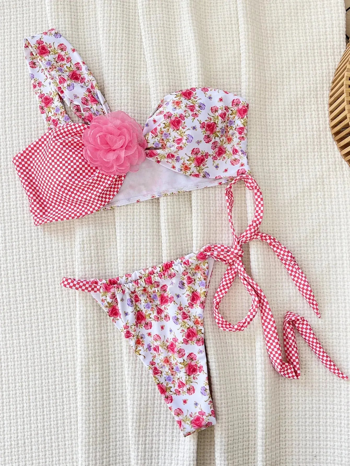 Women's 3D Flower Bikini Set One Shoulder Pink Floral Print Patchwork Push Up 2 Piece Swimsuit - Shop & Buy