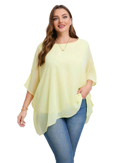 Womens Plus Size Elegant Summer Blouse Batwing Sleeve Oversized Chiffon Blouse Scoop Neck Large Size - Shop & Buy