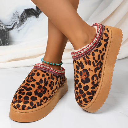 Leopard Thick Bottom Winter Slippers for Women Fashion Comfortable Cotton Shoes Woman Non Slip Plush Warm Platform Slippers