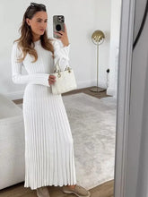 Load image into Gallery viewer, Women Elegant Solid Pleated Knitted Maxi Dress Casual Round Neck Long Sleeve Lace Up Dresses
