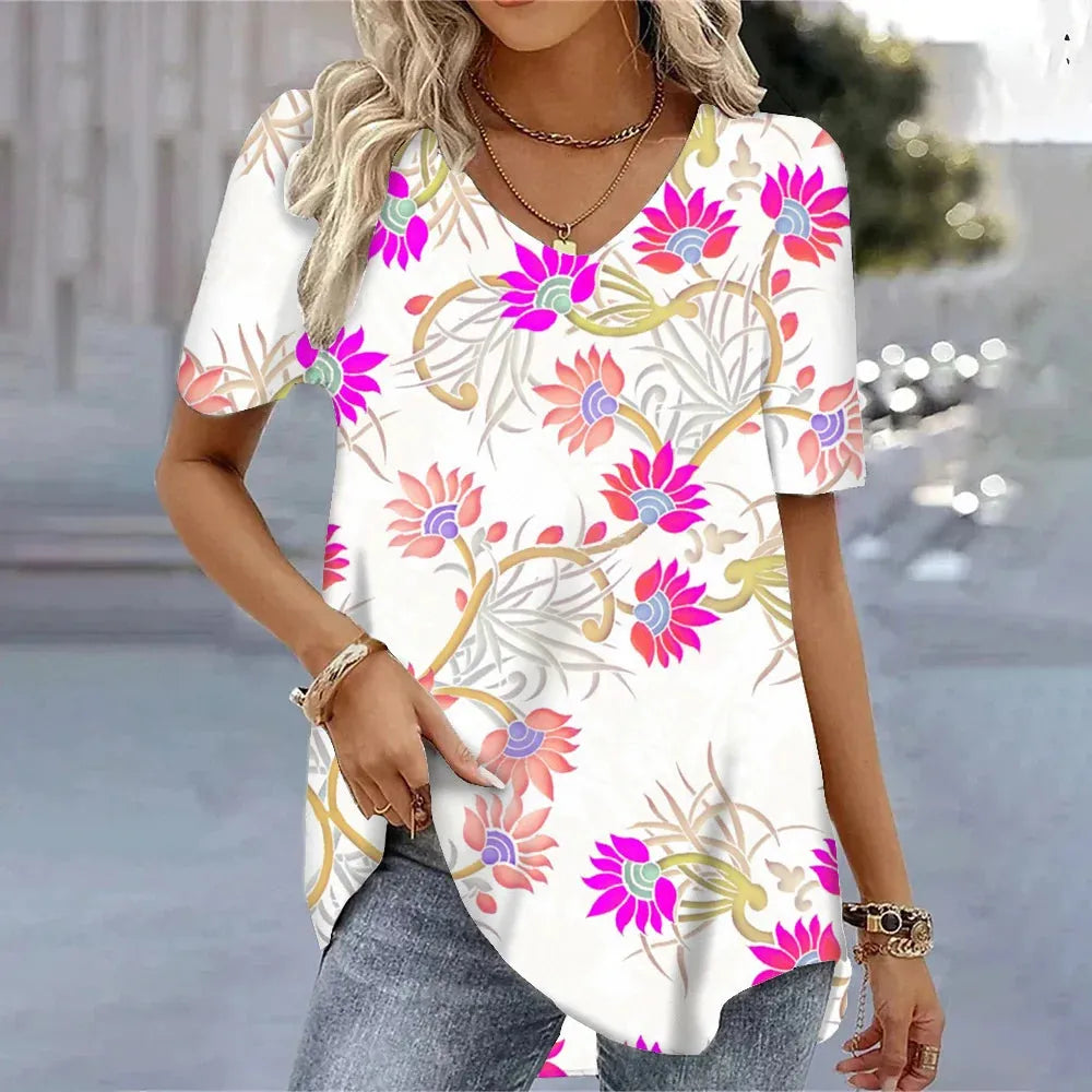 Women's 3d Bohemia Printed T shirts V-neck Short Sleeved Tops Fashion Hawaii Style Blouse Tops - Shop & Buy