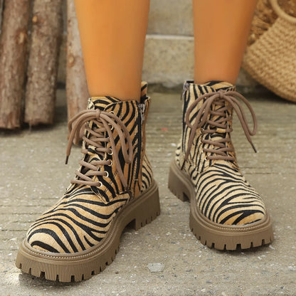 Zebra Print Ankle Boots for Women Fashion Zipper Lace Up Platform Combat Boots - Shop & Buy