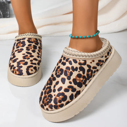 Leopard Thick Bottom Winter Slippers for Women Fashion Comfortable Cotton Shoes Woman Non Slip Plush Warm Platform Slippers