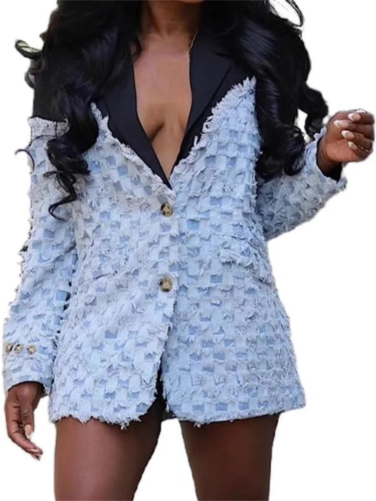 New Women Single Breasted Jacket Sexy Long Sleeved Checkered Jacquard Spliced Denim Jacket