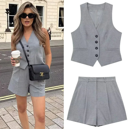 Sets For Women 2 Pieces Grey Short Sets New In Matching Sets Crop V-Neck Vests Pleated High Waist Shorts Tailoring Set