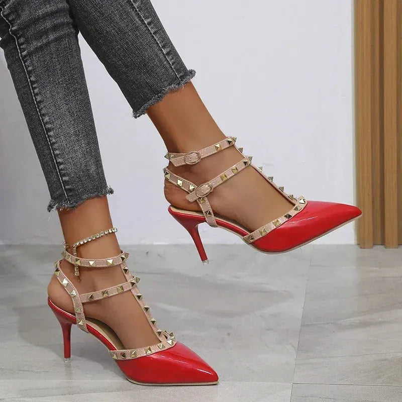 Women's Shoes Rivets Sandals Female Summer  Thick with Fine with High-heeled Shoes - Shop & Buy