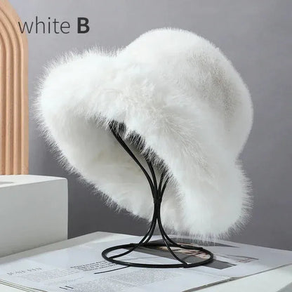 y2k Fluffy Faux Fur Bucket Hat Women Rabbit Fur Warm Thick Plush Winter Hat Lady Luxury Fashion - Shop & Buy