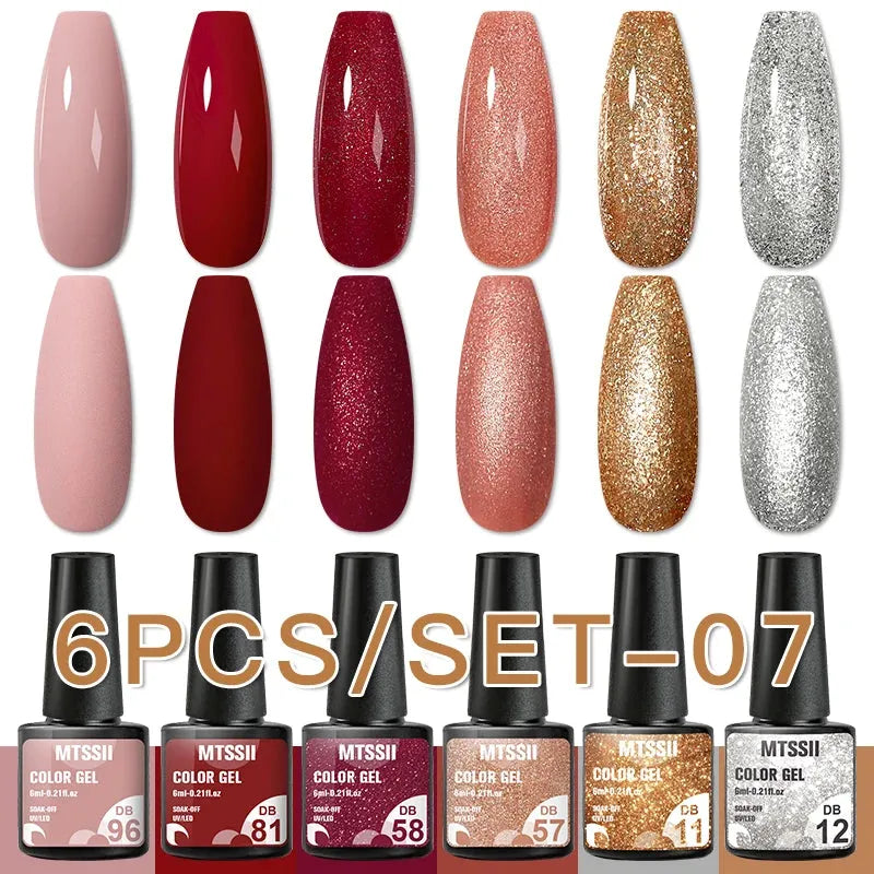 6PCS/Set Red Gel Nail Polish Set Glitter Sequins Semi Permanent Base Matte Top Coat Soak Off LED UV Nail Art Gel Varnish - Shop & Buy