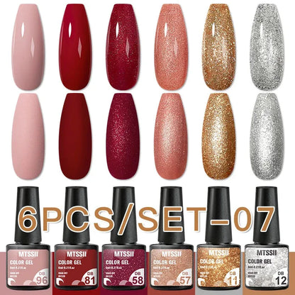 6PCS/Set Red Gel Nail Polish Set Glitter Sequins Semi Permanent Base Matte Top Coat Soak Off LED UV Nail Art Gel Varnish - Shop & Buy