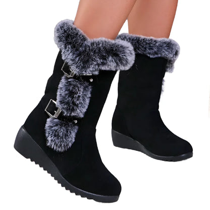 Women's Wedge Heeled Snow Boots Fashion Buckle Design Faux Fur Mid Calf Boots - Shop & Buy