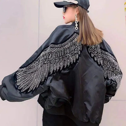 Women's Jacket Spring Autumn Loose Wings Hot Diamond Coat Black Hoodie Women Clothing - Shop & Buy