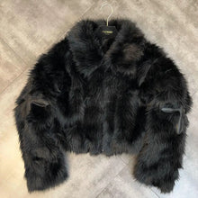 Load image into Gallery viewer, Winter Women Cotton Jacket Lapel Long Sleeve Patch Cross Short Fur Coat Black
