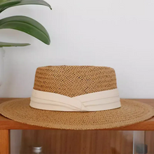 Load image into Gallery viewer, French Style Women Summer Sun Beach Flat Straw Hat Khkai Vacation Panama Straw Woven Small Top Hat White Ribbon
