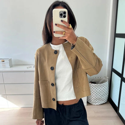 Crop Suede Jacket Women's Jacket Autumn Short Vintage Jacket Ladies Big Pockets O-Neck Long Sleeve Coats New In Outerwears