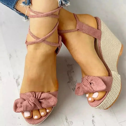 Womens Bow Knot Platform Wedge Sandals - Stylish Peep Toe Ankle Straps Lightweight Espadrille Comfort Heels - Shop & Buy