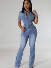 Load image into Gallery viewer, Sexy Women Denim Jumpsuits Short Sleeve Turn Down Collars Buttons Pockets Flared Pants Denim Bodysuit
