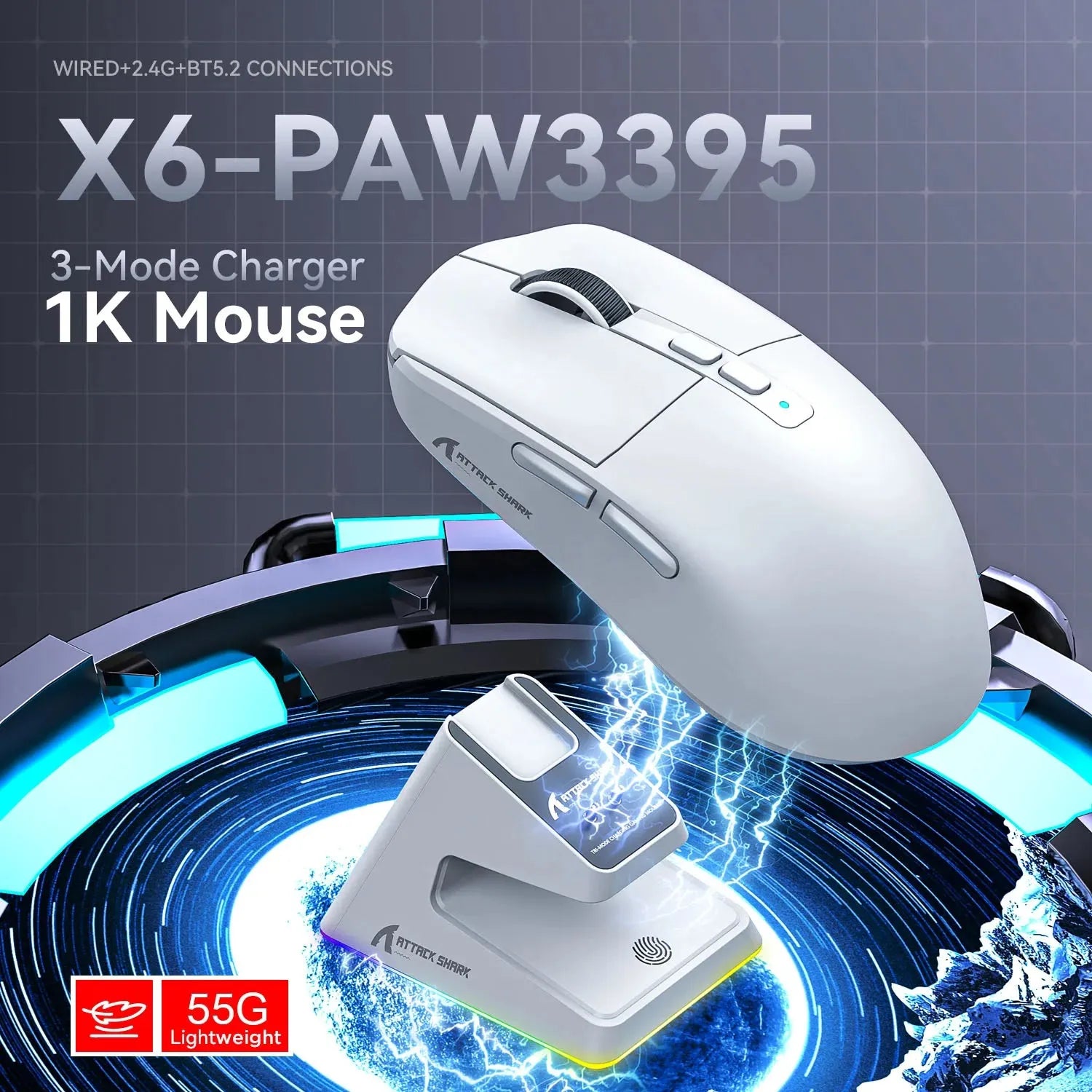 X6 PAW3395 Bluetooth Mouse , Tri-Mode Connection, RGB Touch Magnetic Charging Base, Macro Gaming Mouse - Shop & Buy