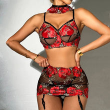 Load image into Gallery viewer, New Floral Embroidery Sexy Straps Short Skirt Underwear Erotic Four-piece Set
