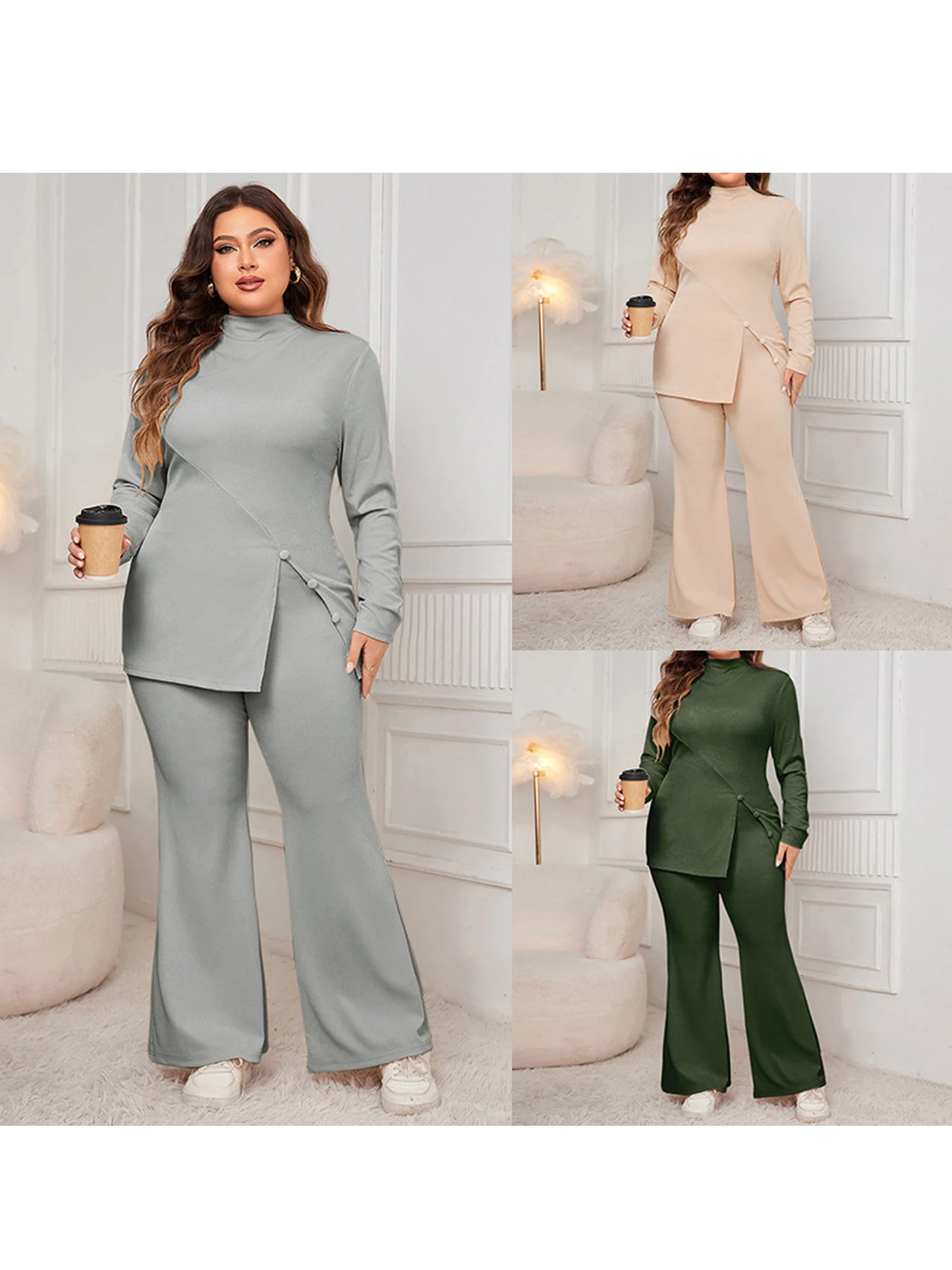 Elegant Plus Size Two Piece Set with Off-Shoulder Top and High Waist Wide Leg Pants for Women Casual Streetwear