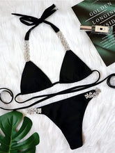 Load image into Gallery viewer, Luxury Rhinestone Bikini 2024 Women Solid Black White High Cut Bandage Thong Swimwear
