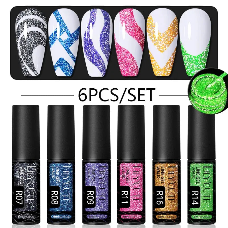 6Pcs/Set Reflective Colorful Liner Gel Nail Polish Kit Sparkling Glitter Flower Drawing Painting Stripe Pull Line Gel - Shop & Buy