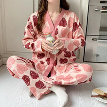 Load image into Gallery viewer, Japanese Kimono Autumn Winter Women Pajamas Sets Faux Cotton Long Sleeves Homesuits
