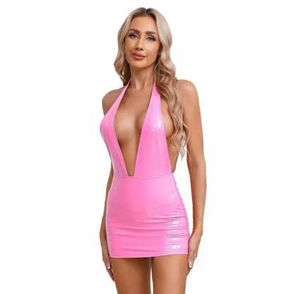 Womens A-Line Mini Pleated Bodycon Dresses Disco Rave Clubwear V Neck Patent Leather Skinny Mini Skirt Dress with Back Zipper - Shop & Buy