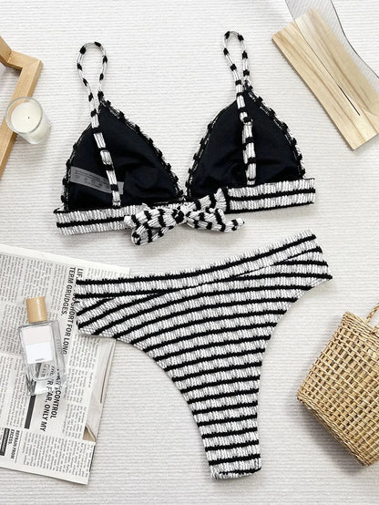 Women's Bikini Set Black White Stripe Print V-neck Suspender Backless 2-piece Swimsuit - Shop & Buy