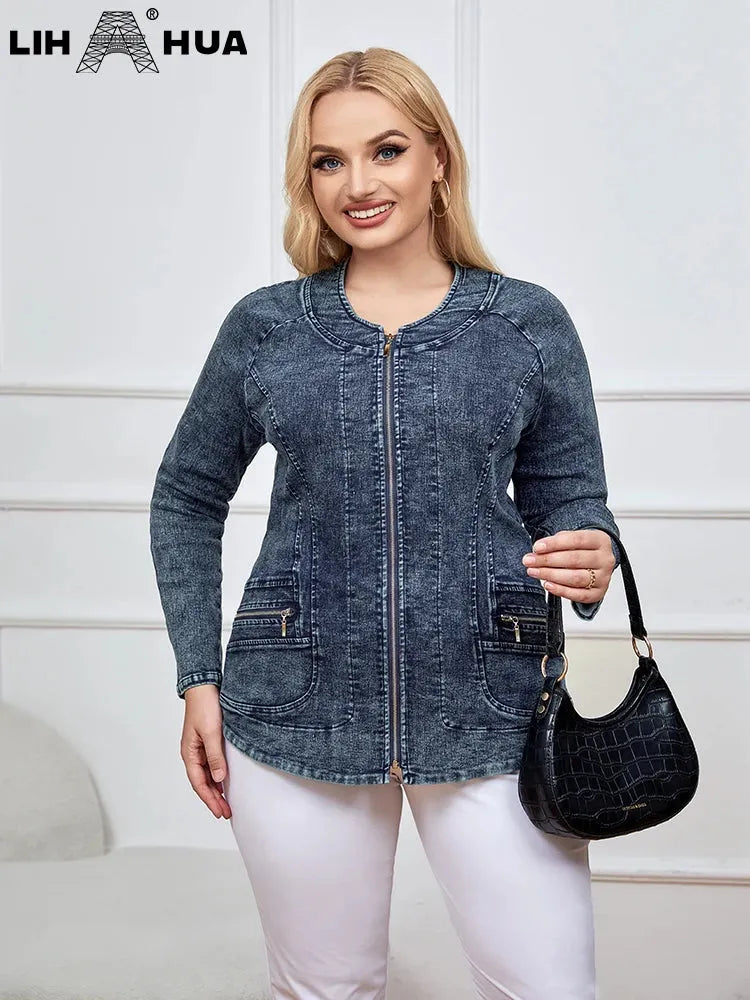 Women's Plus Size Denim Jacket Autumn Chic Elegant Jacket For Chubby Women Cotton Woven Jacket - Shop & Buy