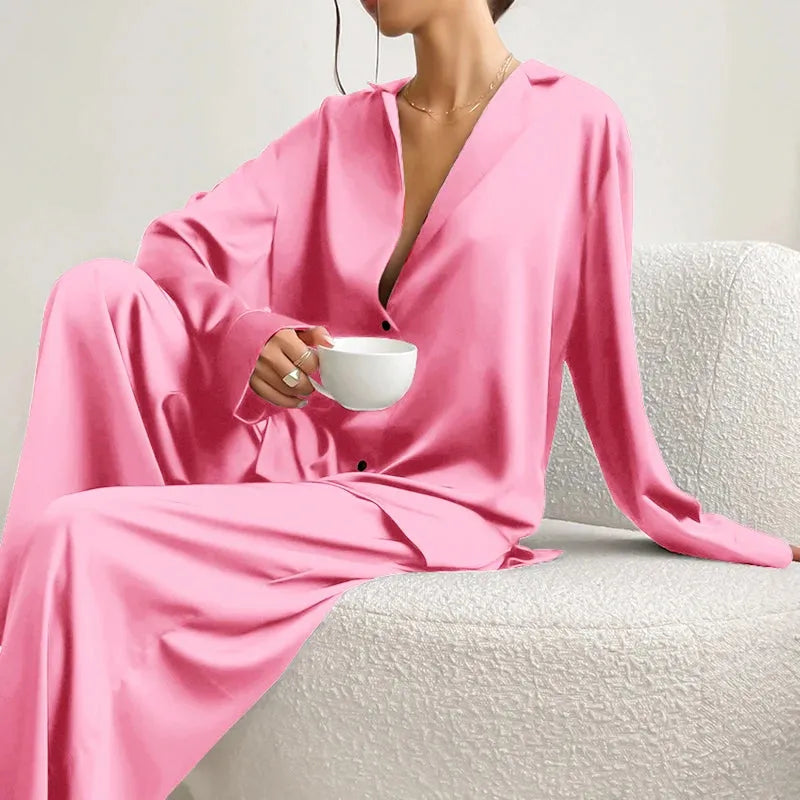 Women's Satin Silk Sleepwear Low Cut Sexy Home Clothes Pajamas For Femme Single-Breasted Long Sleeves - Shop & Buy