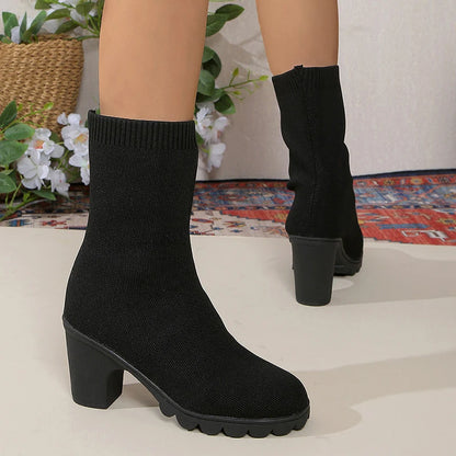 Women's Mid-Calf Knit Sock Boots Autumn Thick Heeled Slip On Slim Boots - Shop & Buy