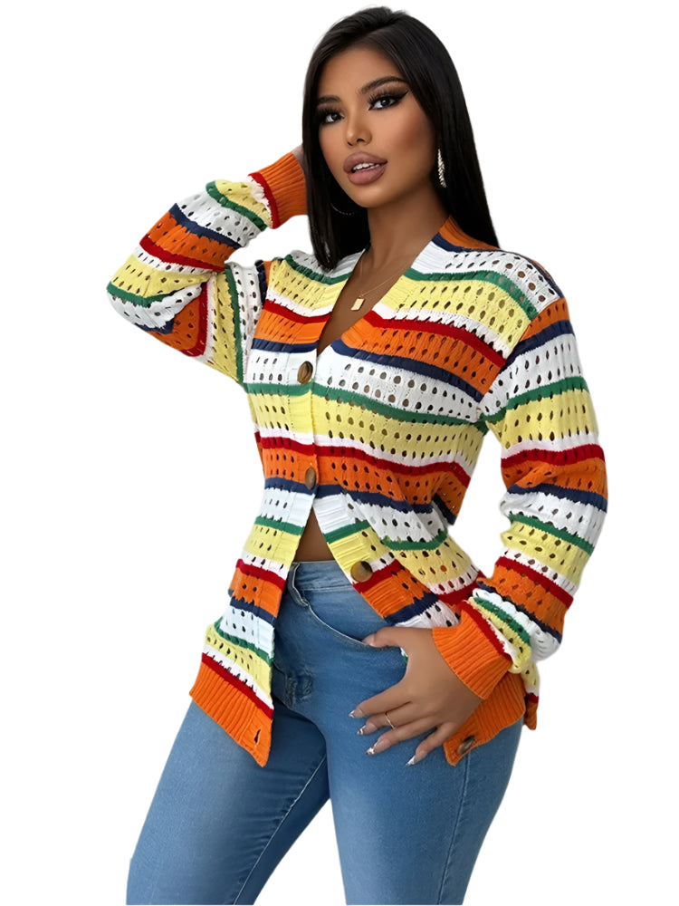 Autumn New Hollowed Out Contrasting Striped Long Sleeved Cardigan Loose Casual Knitted Jacket