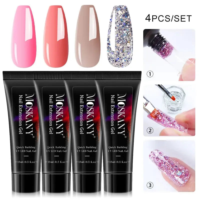 15ml Poly Nail Gel Full Set For Extention Nail Glitter Solid Color Gel Polish Kit Set Acrylic Nail Beginner Manicure Tool Kits - Shop & Buy